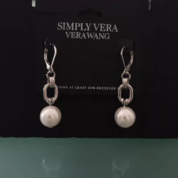 VERA WANG Mod/Contemporary Silver Smooth/Textured White Pearl Drop Earrings**NEW - Picture 3 of 3